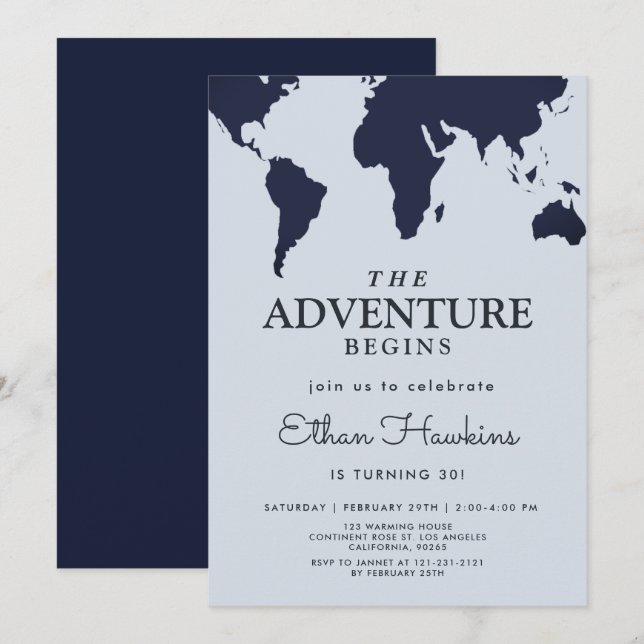 Invitación Aventura comienza Birthday World Travel Map Explor (Anverso / Reverso)