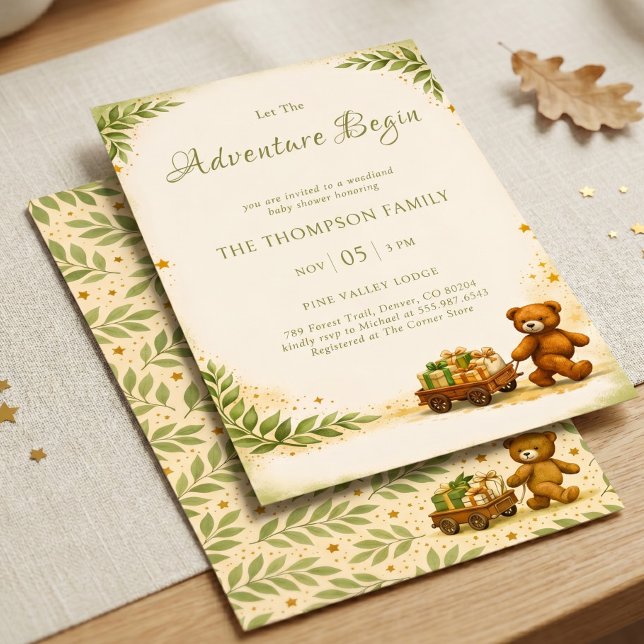Invitación Aventura Comienza Bosque Oso Salvia Verdor (Adventure Begin Woodland Bear Sage Greenery Invitation)