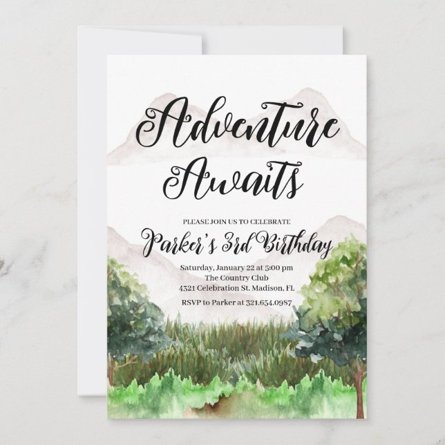 Invitación Aventura Cumpleaños, Camping, Montaña (Anverso)
