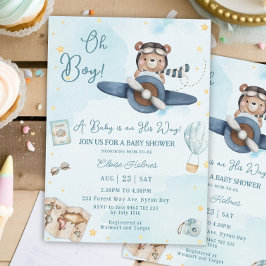 Invitación Aventura Cute Oso Azul Plano Oh Boy Baby Shower
