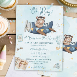 Invitación Aventura de Avión Azul Oso Cuto Oh Boy Baby Shower