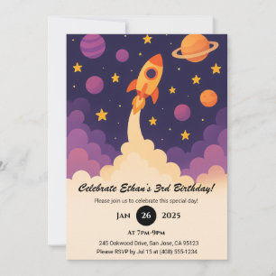 Invitación  Aventura de Cohete y Cumpleaños de Galaxia Púrpur