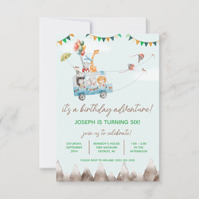 Invitación Aventura de cumpleaños, animales voladores, cumple (Anverso)