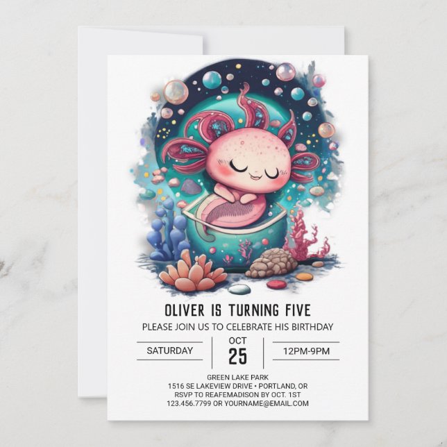 Invitación Aventura de cumpleaños de Axolotl subacuática (Anverso)