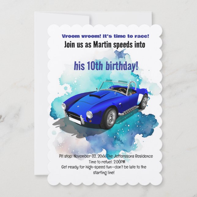 Invitación Aventura de Cumpleaños en un Clásico Coche Deporti (Anverso)