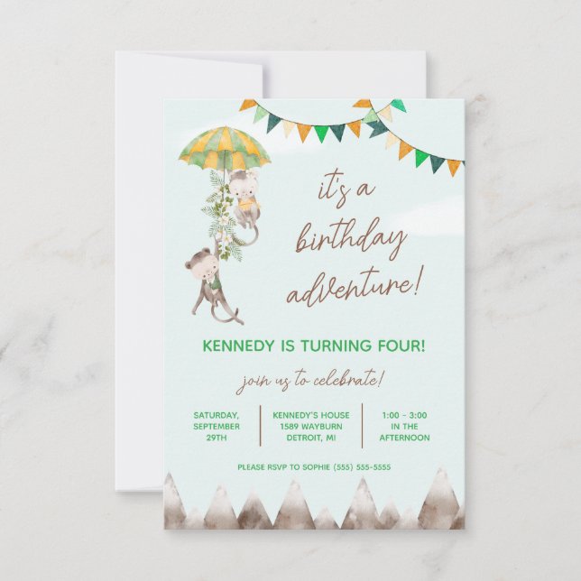 Invitación Aventura de cumpleaños, monos, montañas Cumpleaños (Anverso)