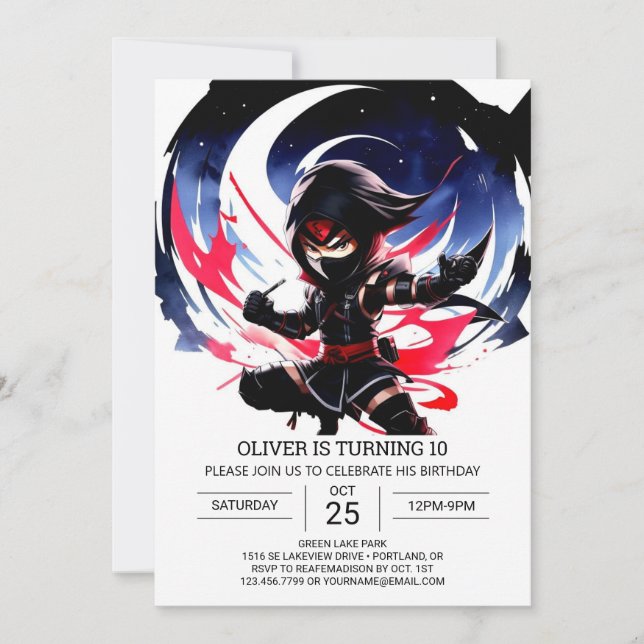 Invitación Aventura de cumpleaños Shuriken Ninja para niños (Anverso)
