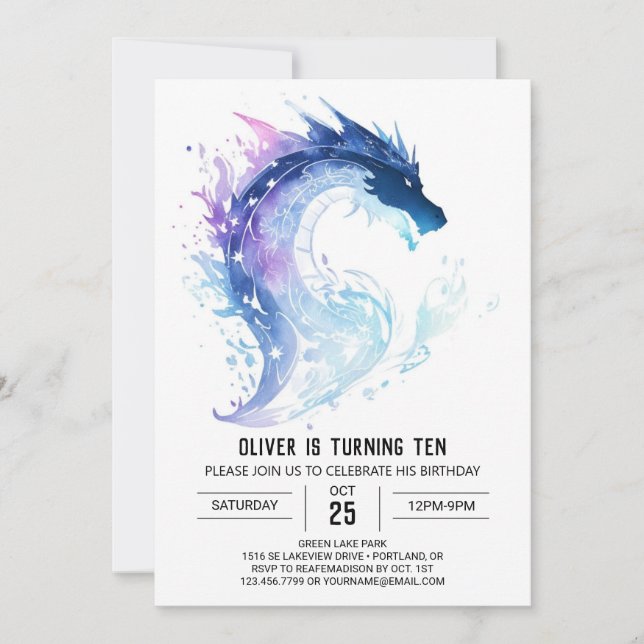 Invitación Aventura de Dragón infantil Fantasía Cumpleaños (Anverso)