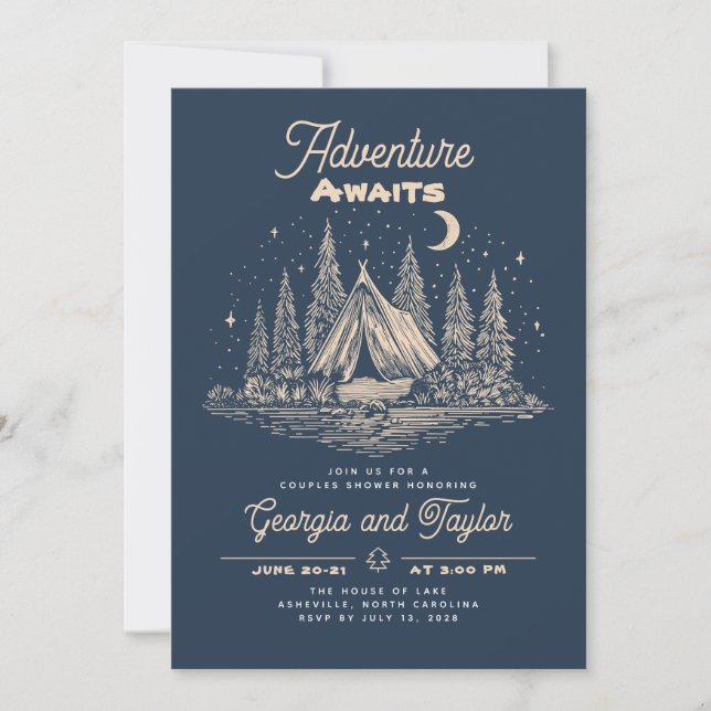 Invitación Aventura de ducha para parejas de camping capricho (Anverso)