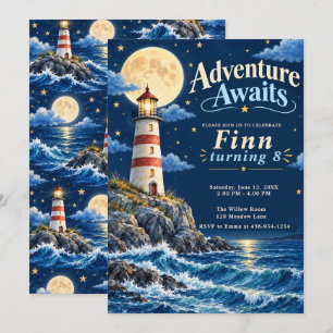 Invitación Aventura de faro iluminado por la luna cumpleaños