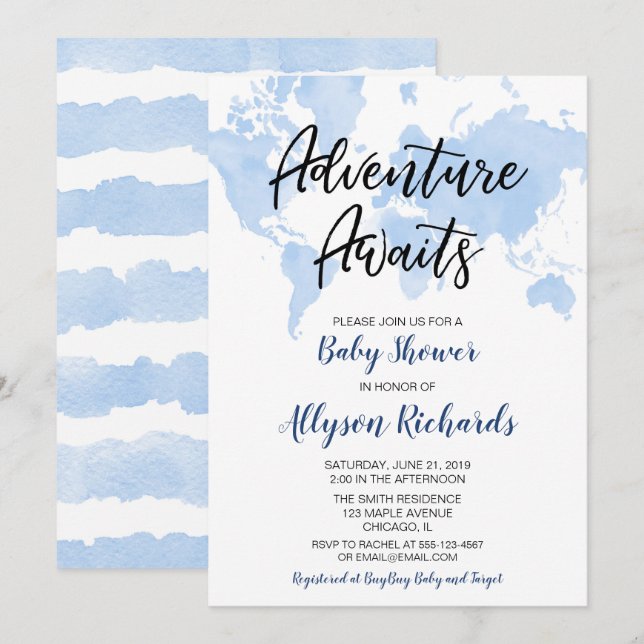 Invitación Aventura de mapas del mundo le espera a su bebé du (Anverso / Reverso)