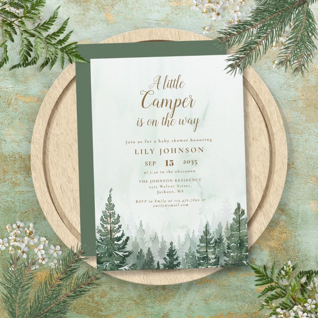 Invitación Aventura de pequeña caravana Bosque de pinos Baby  (Little Camper Adventure Pine Forest Baby Shower Invitation)