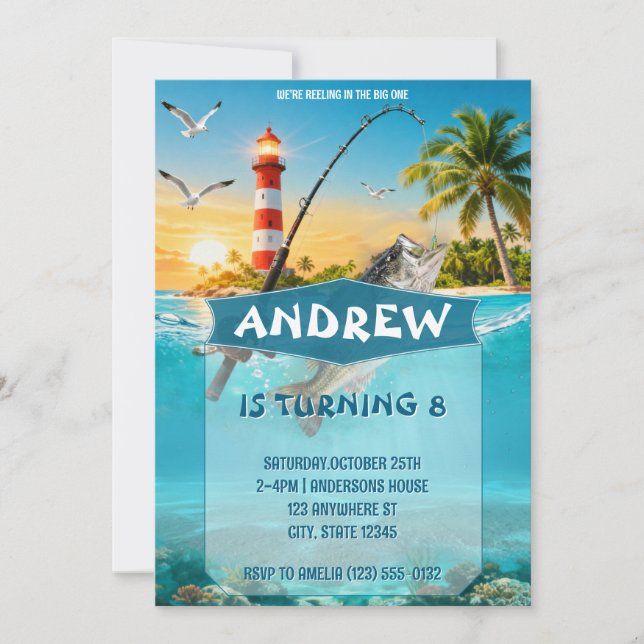 Invitación Aventura de Pesca Costera Faro Cumpleaños (Anverso)