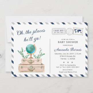 Invitación Aventura de viaje niño bebé por la ducha mundial