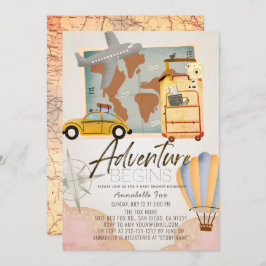 Invitación Aventura empieza mapa de viajes Baby Shower rosa