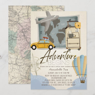 Invitación Aventura empieza mapa de viajes Baby Shower virtua