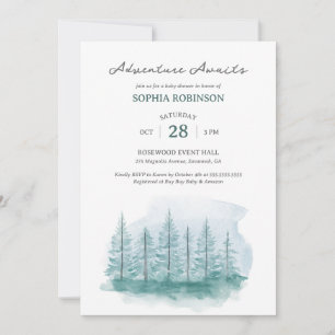 Invitación Aventura en el bosque de pinos azul acuarela te es