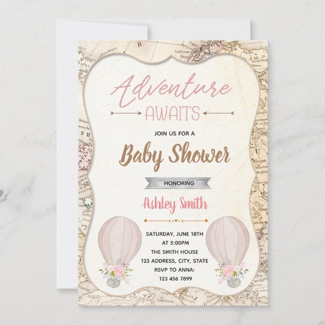 Invitación Aventura en globo aerostático espera ducha de bebé (Anverso)