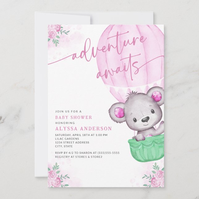 Invitación Aventura en globo rosa espera a Baby Shower Chica (Anverso)
