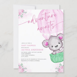 Invitación Aventura en globo rosa espera a Baby Shower Chica