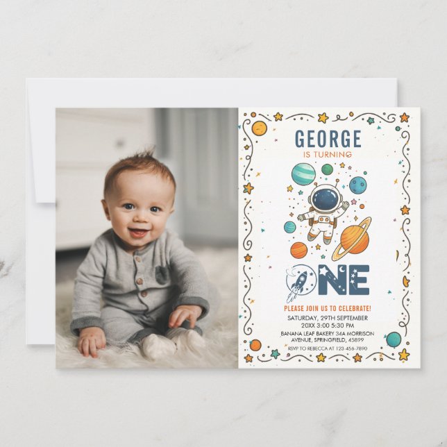 Invitación Aventura espacial 1º cumpleaños | Espacio (Anverso)