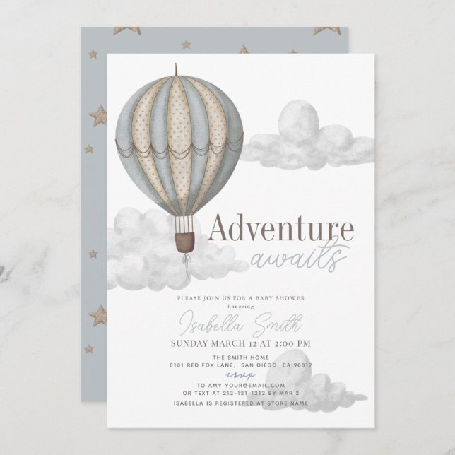 Invitación Aventura espera a Baby Shower Hot Air Balloon Boy (Anverso / Reverso)