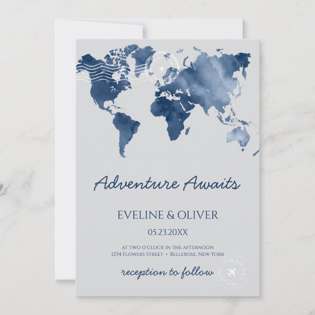 Invitación Aventura espera al boda de mapas del mundo de las  (Anverso)