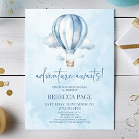 ¡Aventura espera! Baby Shower Blue Hot Air Balloon