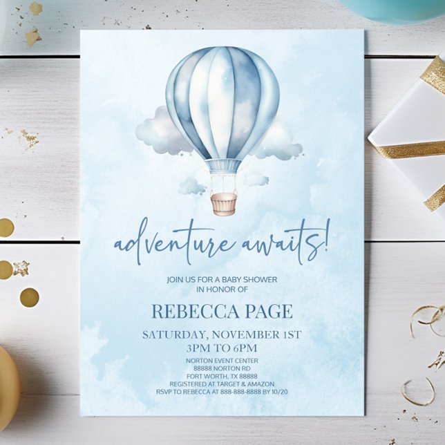 Invitación ¡Aventura espera! Baby Shower Blue Hot Air Balloon (Subido por el creador)