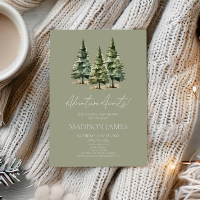 Invitación ¡Aventura espera! Baby Shower de Winter Pine Trees (Subido por el creador)