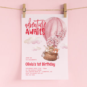 Invitación Aventura Espera Cumpleaños 1º Rosa y Rojo