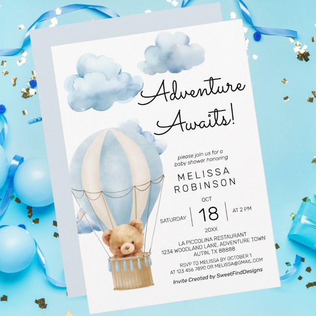 Invitación Aventura espera ducha de bebé de oso de peluche (Adventure awaits teddy bear baby boy shower invitation)