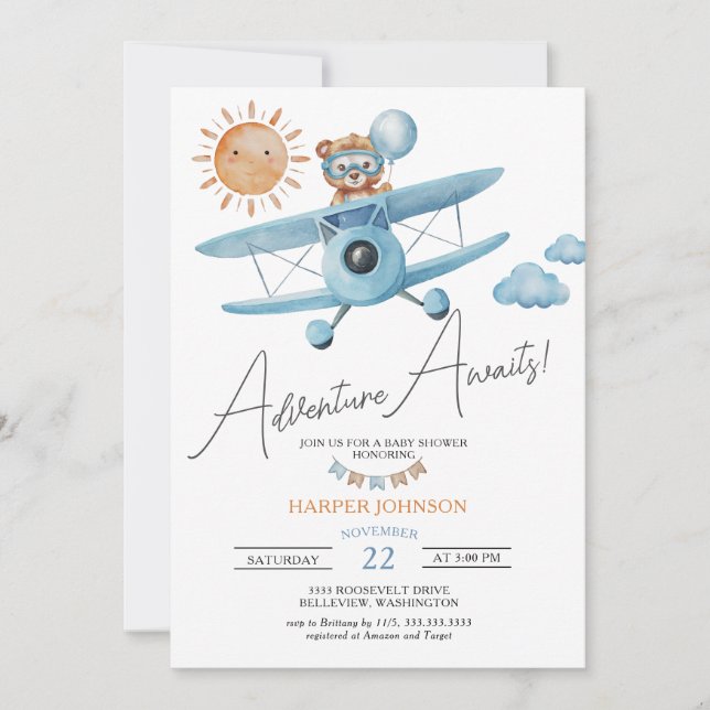 Invitación Aventura espera el avión Teddy Bear Baby Shower (Anverso)