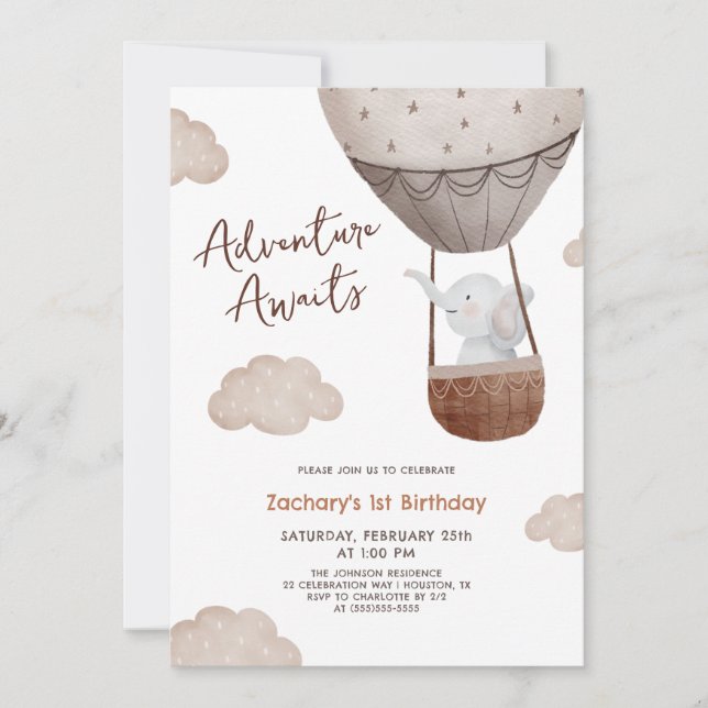 Invitación Aventura espera globo aerostático 1º cumpleaños (Anverso)