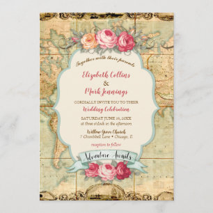 Invitación Aventura Espera Mapa Antiguo del Mundo Rosas