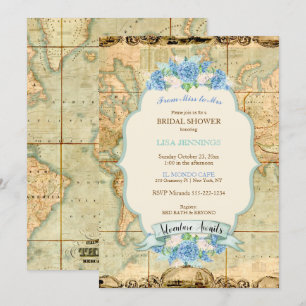 Invitación Aventura Espera Mapa Mundial Vintage Hortensias Az