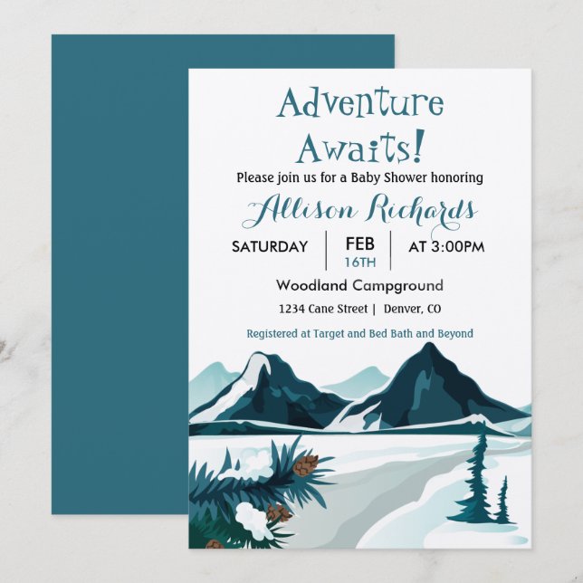 Invitación Aventura espera montañas viajes bebé    showerin (Anverso / Reverso)