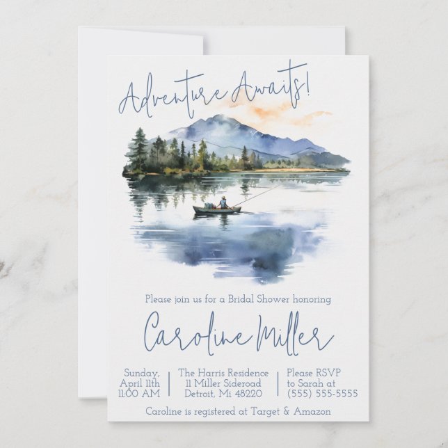 Invitación ¡Aventura espera! Pesca, Montañas Ducha Bridal (Anverso)