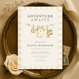 Invitación Aventura Espera Ropa Tendida a Cuadros Baby Shower