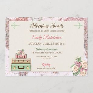 Invitación Aventura Espera Viaje Mundial Floral Rosa Menta