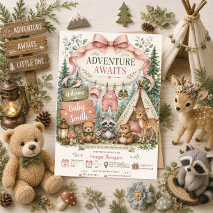 Invitación Aventura Esperando para Bebé Niña en el Bosque Fie