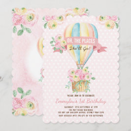 Invitación Aventura floral con globo aerostático rosado Cumpl