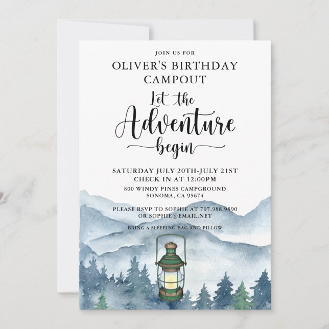 Invitación Aventura Forestal empieza a acampar cumpleaños (Anverso)