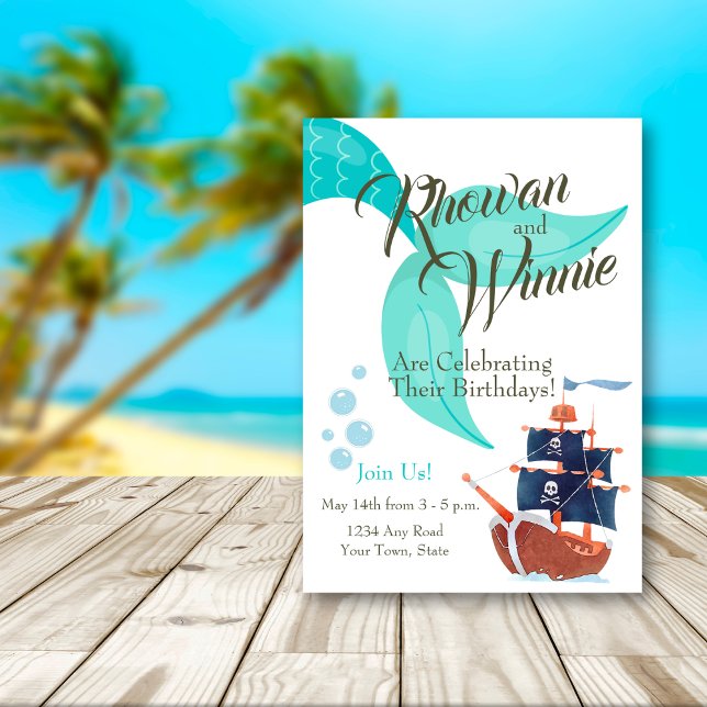 Invitación Aventura Náutica Sirena y Pirata Doble Cumpleaños (Cute pirate and mermaid invitation for a dual kids summer birthday party!)