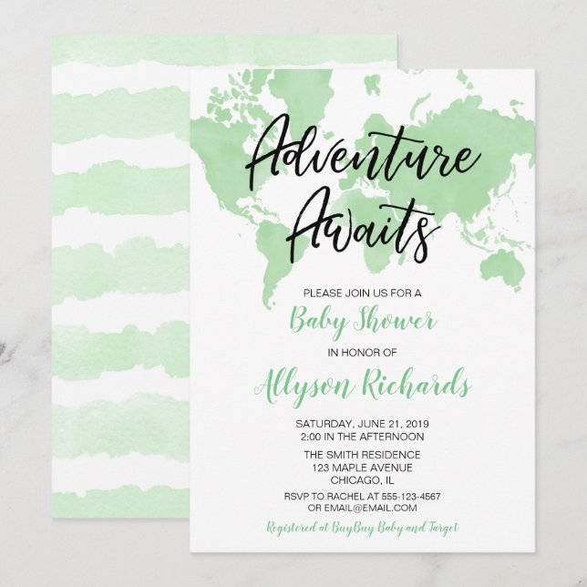 Invitación Aventura neutral de género espera ducha de bebé ve (Anverso / Reverso)