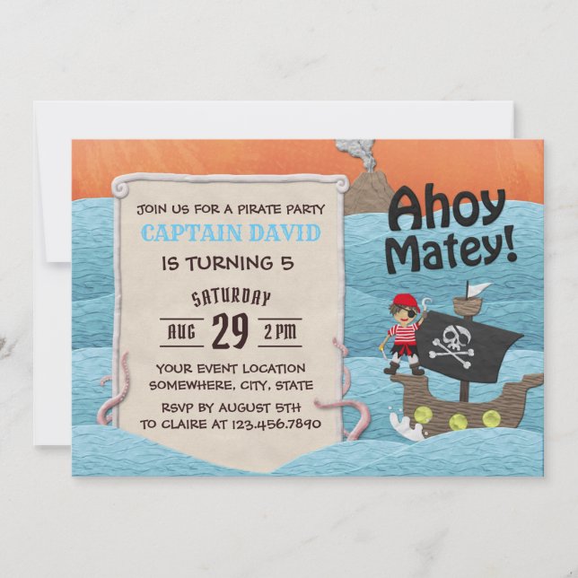 Invitación Aventura Pirata Cute Ahoy Matey Boy Cumpleaños (Anverso)