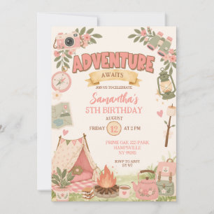 Invitación Aventura Rosa Boho Espera Cumpleaños Niña