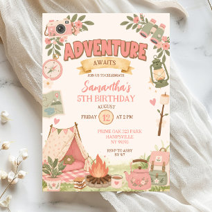 Invitación Aventura Rosa Boho Espera Cumpleaños Niña