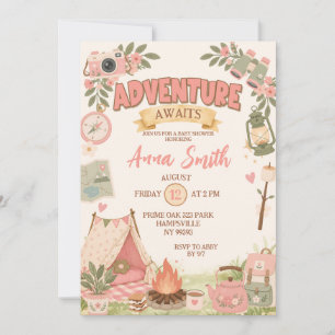 Invitación Aventura Rosa Boho Espera la Fiesta del Bebe