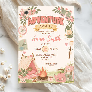 Invitación Aventura Rosa Boho Espera la Fiesta del Bebe